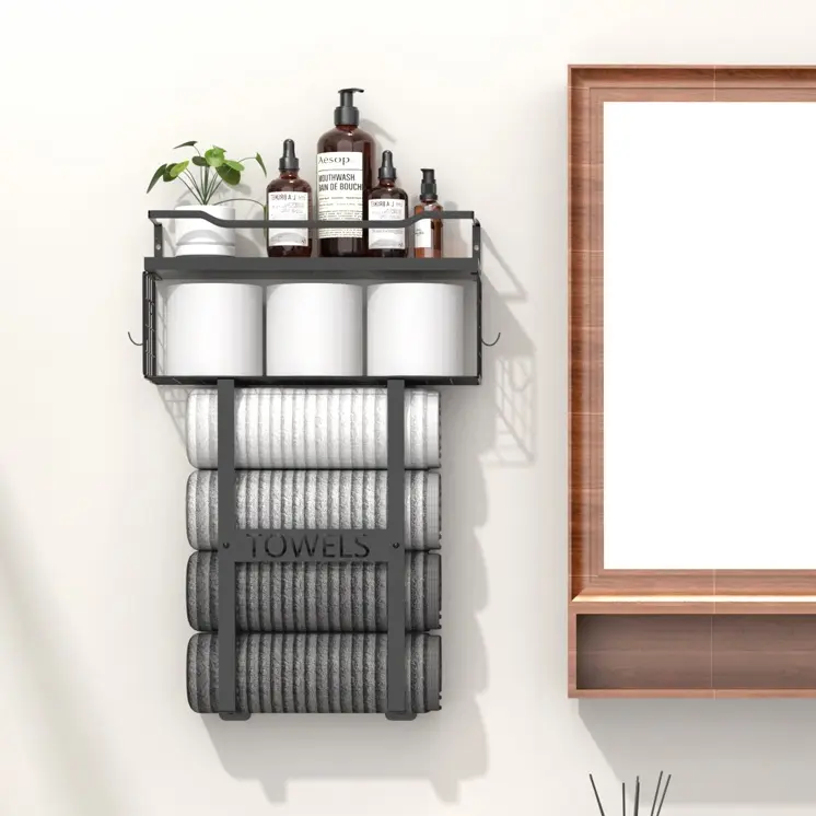 Bathroom Organizer Modern Wall-mounted Towel Rack with Floating Shelf for Bathroom Storage Wooden & Metal Design for Small Bathroom Decor Adjustable Hooks