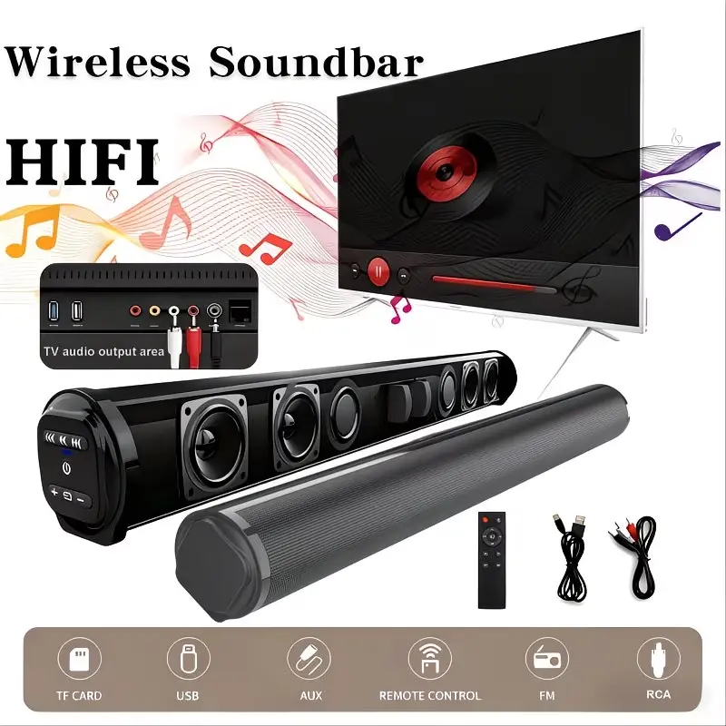TV Soundbar, Home Theater Wireless Surround Sound PA System with 4 Subwoofers And 2 Air Ducts, Supports AUX, USB, TF Card, TWS And FM Audio Input, Hi-Fi Computer Game Auxiliary Audio Output Sound Bar Speaker