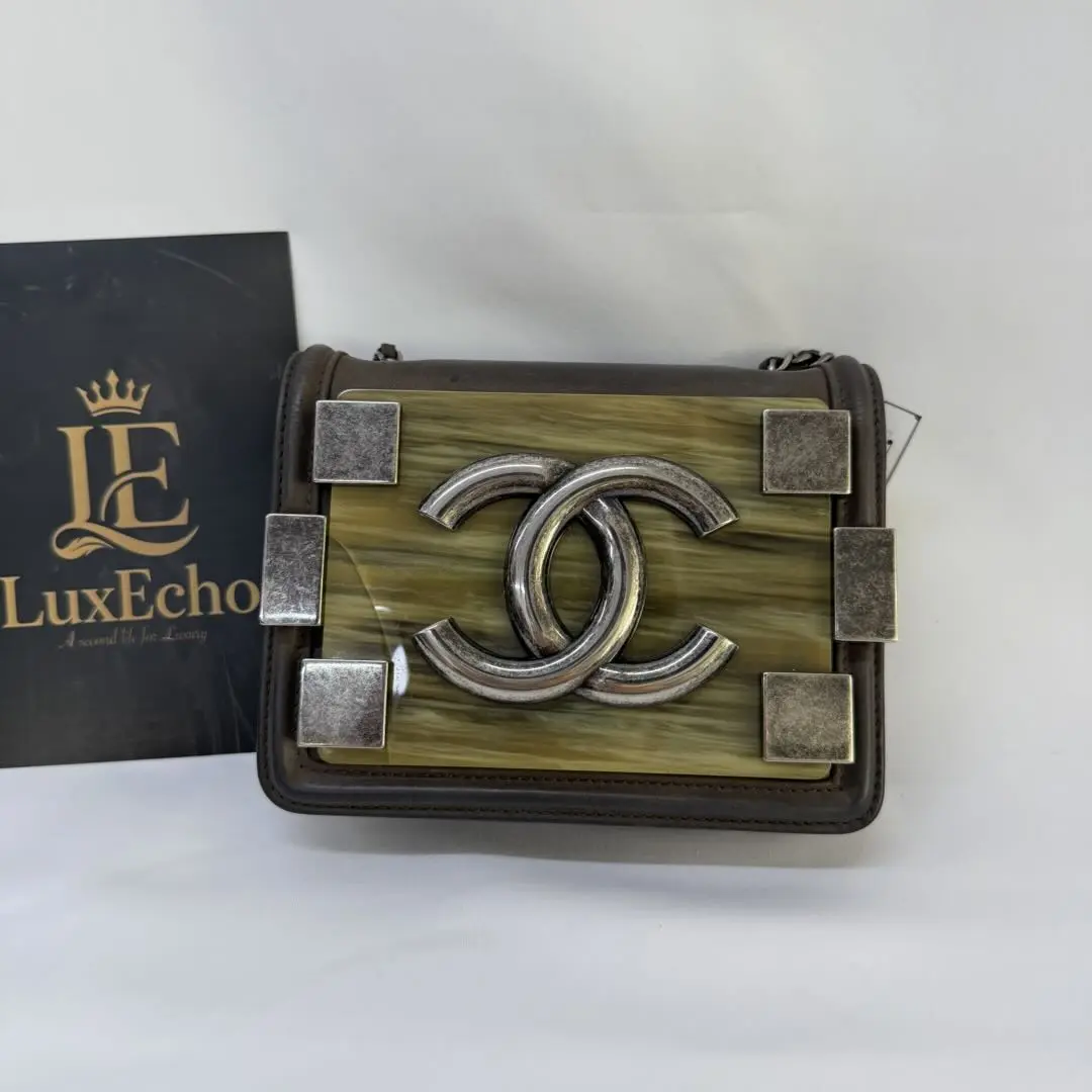Pre-owned CHANEL Near New Limited Edition Lego Boy Flap Crossbody Bag with Acrylic Panel, Dark Khaki (B2410070)
