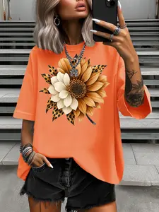 Plus Size Women's Fitted Short Sleeve Top Shirt, Stylish Chic Casual Summer Tee with Leopard Mixed Sunflower Print, Perfect for Beach Vacation Wear