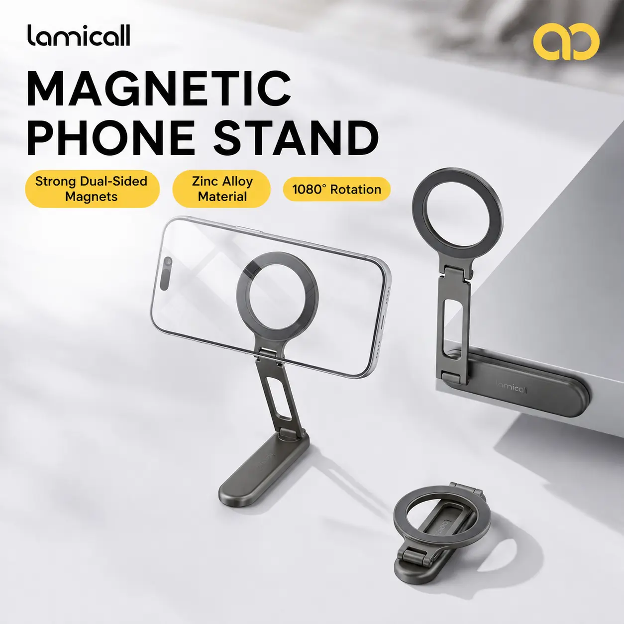 Double-Sided Magnetic Phone Stand Grip, Strong Magnetic Kickstand Desk Holder for Mag&Safe and Smartphone, Foldable Adjustable Design, Black