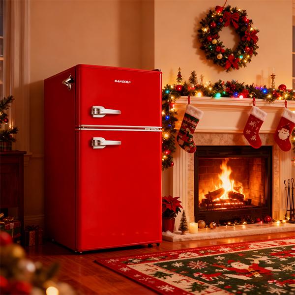 BANGSON 3.2 Cu.Ft Retro Double-Door Mini Fridge with Top Freezer, Adjustable Thermostat, Energy-Efficient & Quiet, Compact & Easy to Clean, for Office/Apartment/Dorm, Red, Black, Cream White