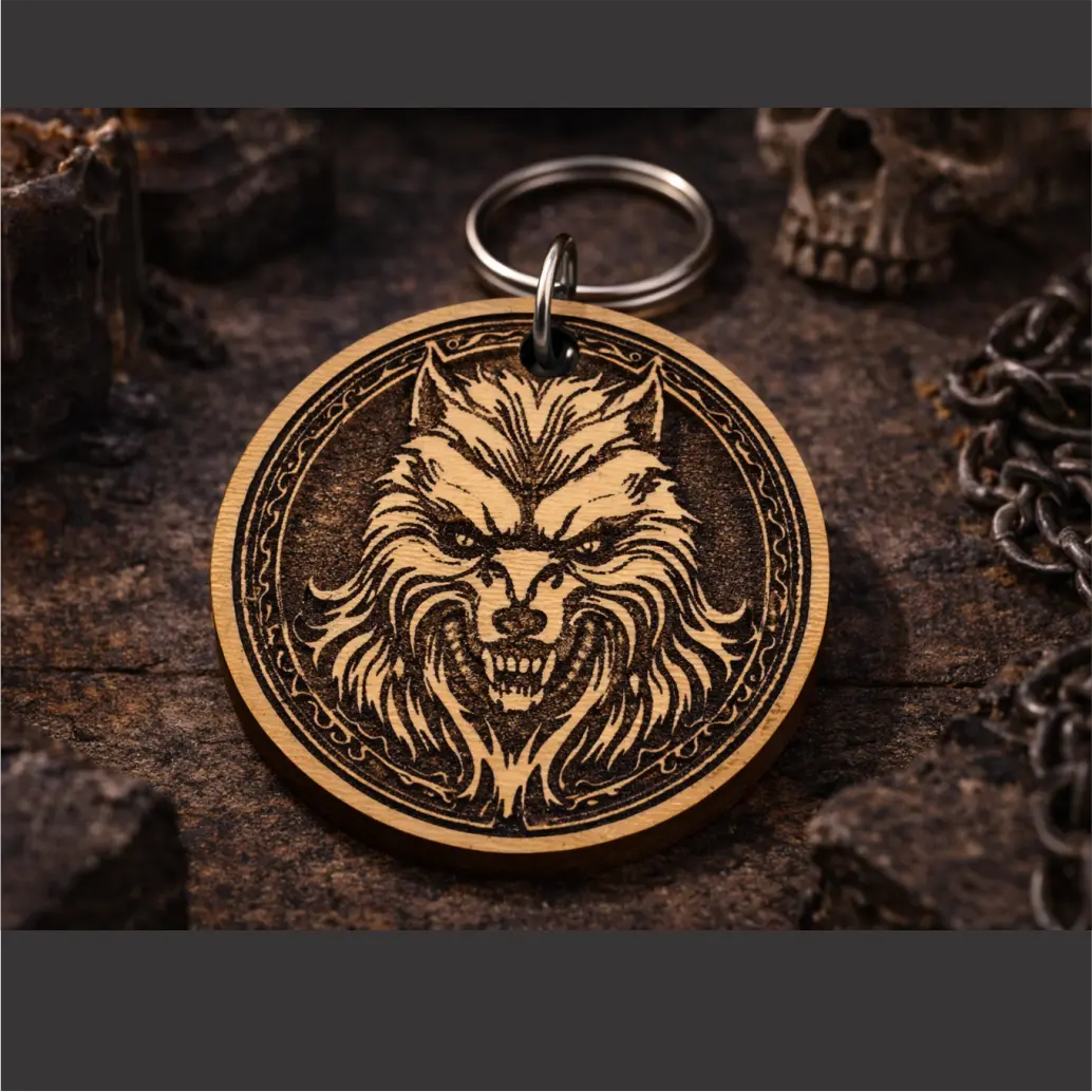 Werewolf Wood Laminate Keychain with Stainless Steel Hardware, Laser Engraving, Round Shape, Spooky Theme for Halloween Party