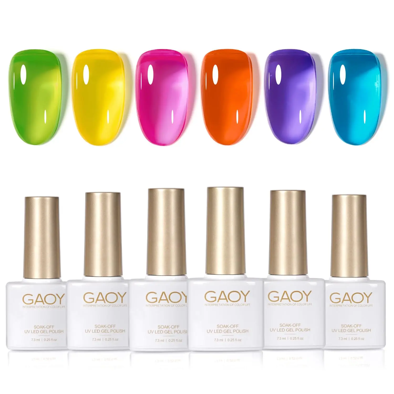 GAOY Coloured Glass Jelly Gel Nail Polish Set, 6 Transparent Colors Sheer Neon Green Pink Soak Off UV Light Cure Gel Polish Kit for Salon and Nail Art DIY at Home