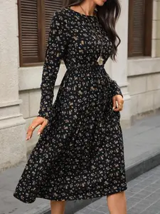 Women's Ditsy Floral Round Neck Long Sleeve Casual Mid-Length Dress Boho Style Slim Fit High Waist Flared Hem Belted Multicolor Knitted Fabric