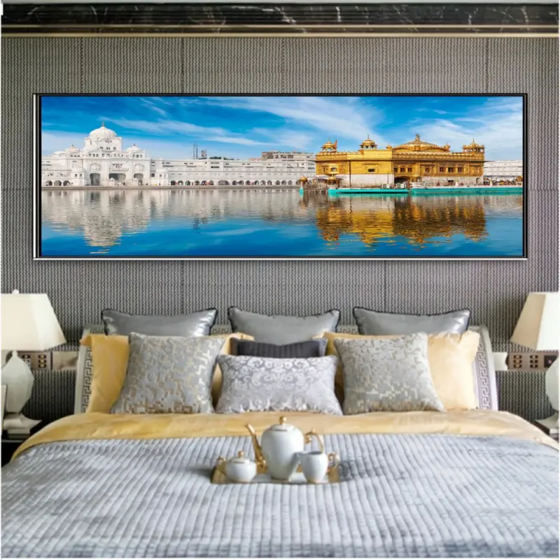 1PC 2D Flat, Amritale Gold Temple Wall Artwork - Sikhi Symbolic Gudwalasahib Water Reflection Waterproof Canvas, High Definition Frameless Poster, Suitable for Office Decoration, Indian Cultural Gift (With Hook for Easy Hanging)