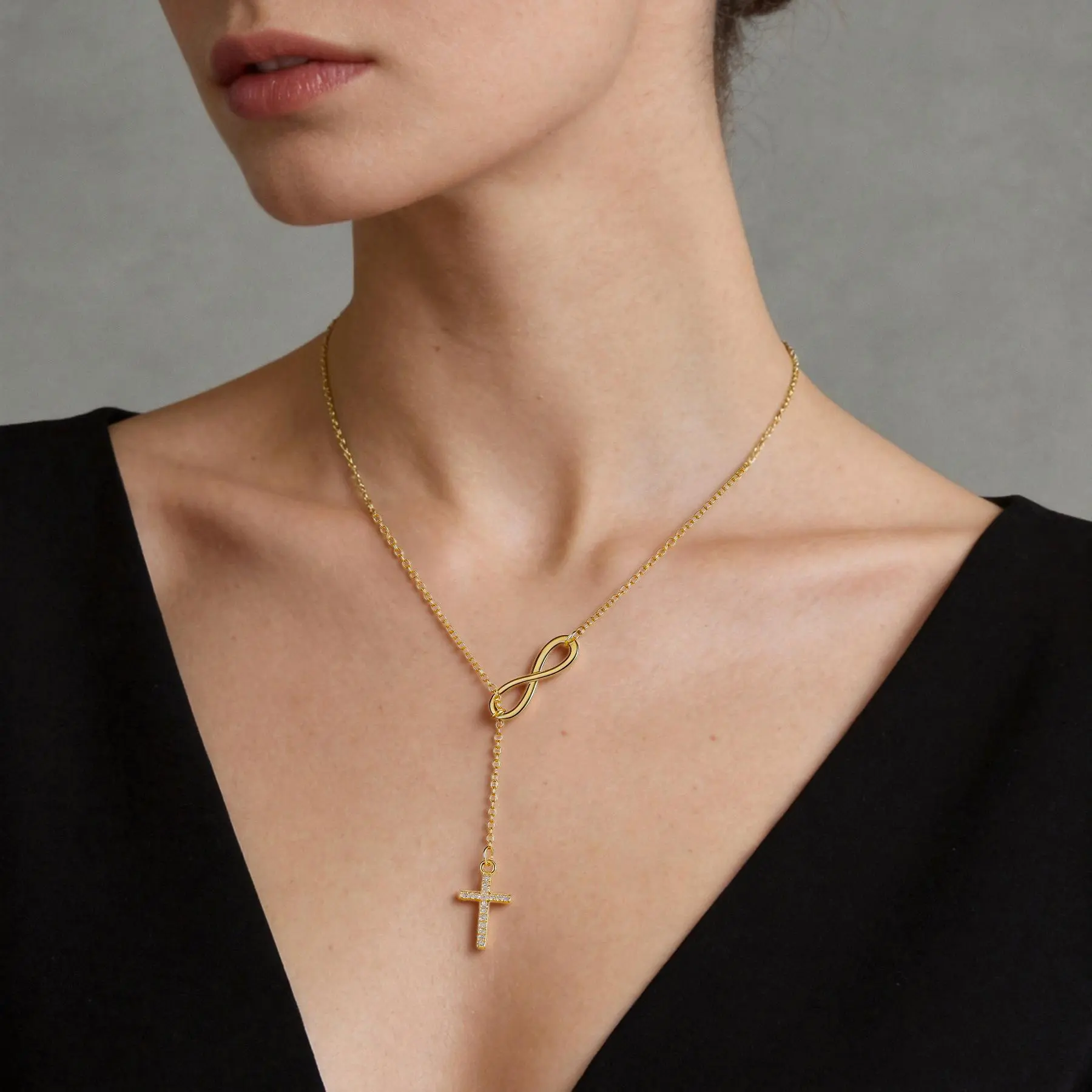 14K Gilding Gold Infinity Long Cross Necklaces for Women, Anti Oxidation Waterproof Necklace Set，Exquisite Christian Religious Jewelry Gifts