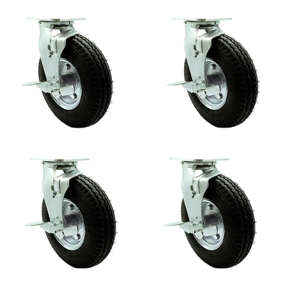 Service Caster SCC-100S280-PNB-TLB-BSL-2 8in Swivel Pneumatic Rubber Castors (Set of 4) - 2 with Top Locking Brakes & Swivel Lock, 1200 lbs Capacity, 7.5in H x 12in W x 12in L, Enhanced Noise Reduction, Black, for Food Carts, Luggage Carts