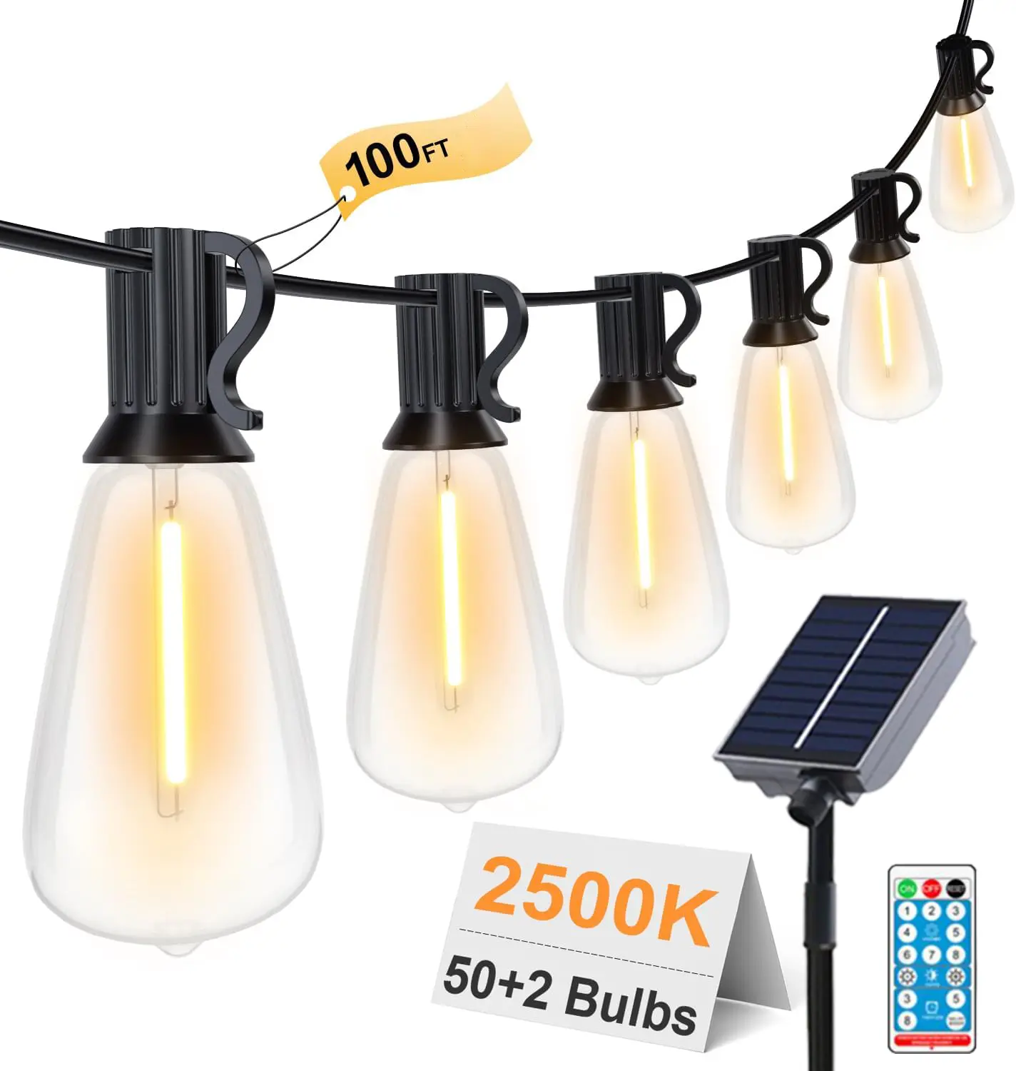 100FT Patio Lights with 52 Shatterproof  8 adjustable modes ST38 Vintage Edison Bulbs Solar-Powered LED Outdoor String Lights Outdoor Hanging Light Waterproof for Porch, Deck, Garden, Backyard, Balcony Dimmable 2500K