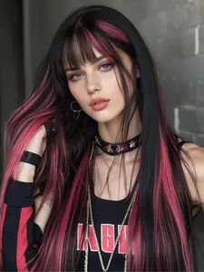 24 Inch Long Straight Black Wig with Pink Money Piece Highlight for Women, Gorgeous Fluffy Wigs with Bangs, Synthetic Full Machine Wigs for Party, Daily Use, Synthetic Material Wigs