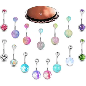Sanfenly 15Pcs 14G Women's Stainless Steel Floating Belly Button Ring Chain, Cubic Zirconia Cat Eye Navel Barbells Body Jewelry, Belly Piercing Ring Chain