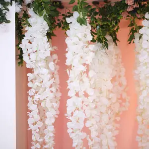 Artificial Silk Hanging Wisteria Flower Garland Vines in White, 5 Full Strands in 1 Bush - 42"