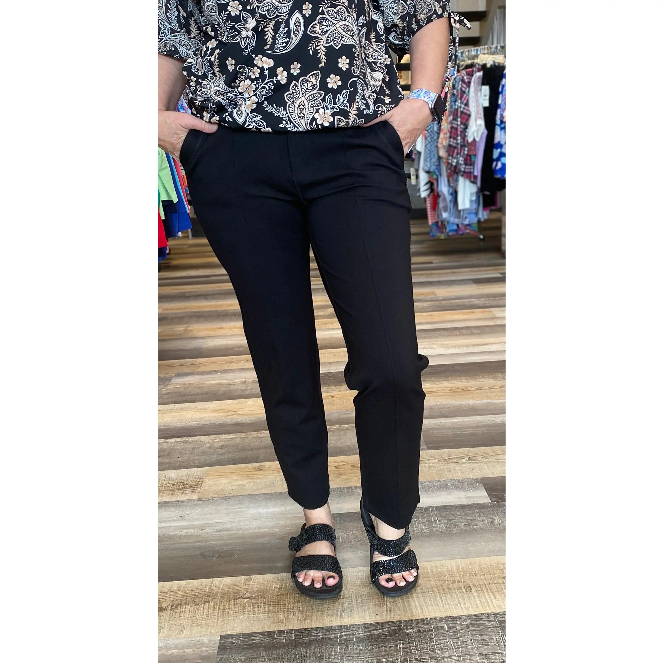 PANT *PETITE* BLACK PONTE ANKLE W/LOOPS PKTS