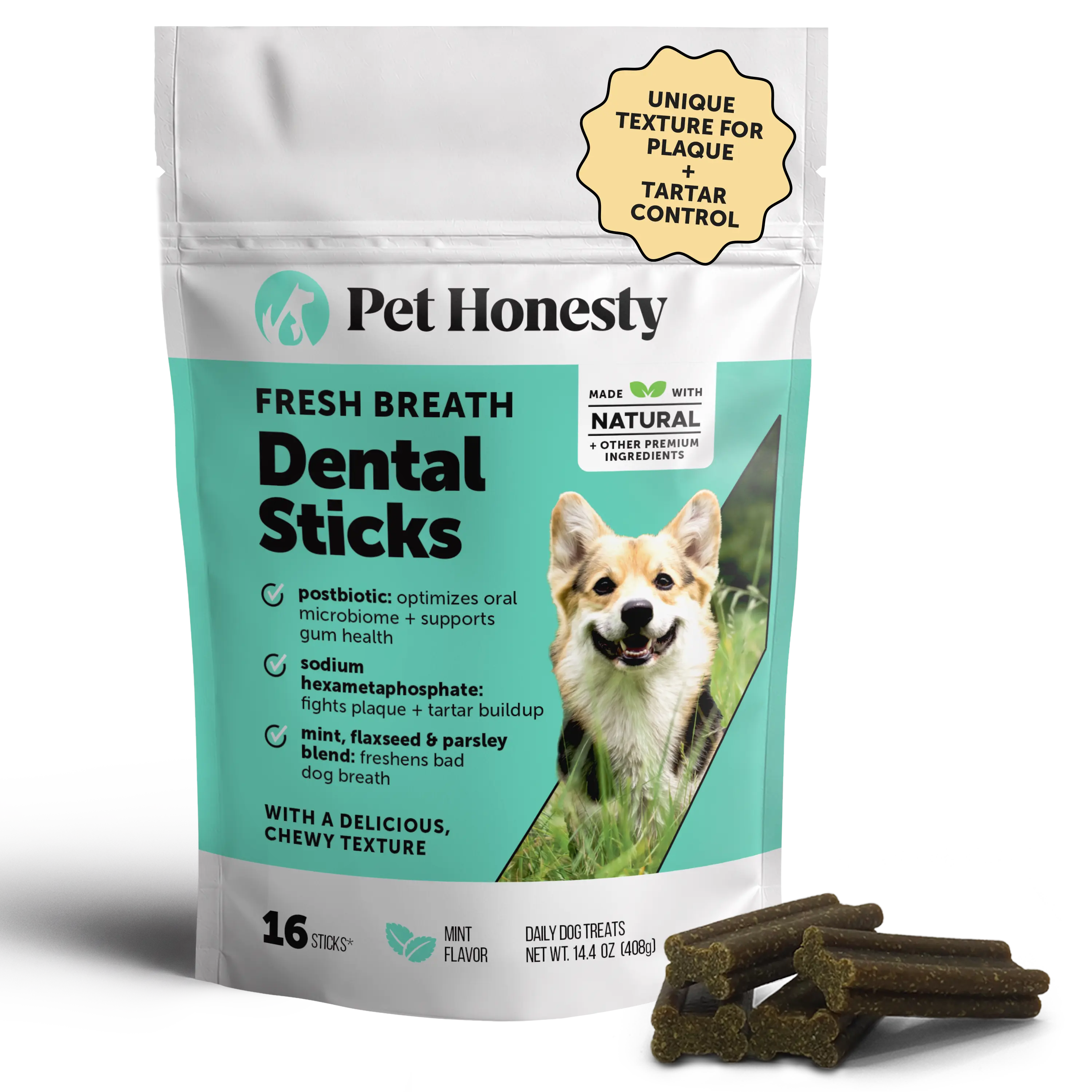 Pet Honesty Fresh Breath Dental Treat Sticks for Dogs Mint 16 Ct Pouch Supports Gum Health Reduces Plaque Tartar Natural Ingredients