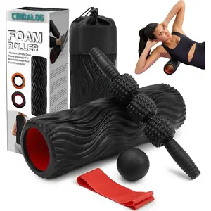 5 in 1 Foam Roller Set - Trigger Point Foam Back Roller, Muscle Roller Stick, Massage Ball, Stretching Band for Deep Muscle Massage Pilates Yoga, Fitness Exercise for Whole Body Release (Black)