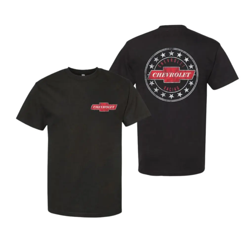 Chevrolet Racing T-Shirt, Red Bowtie Logo with Star Circle Back Print, Chevy Performance Graphic Tee for Car Enthusiasts, Gift for Classic & Muscle Car Fans