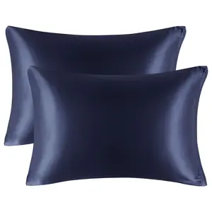 PiccoCasa Satin Pillowcases, Luxury Silky Pillow Cover with Zipper Closure, Satin Pillow Cases Set of 2 Queen Navy