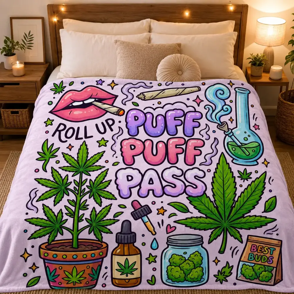 Puff Puff Pass Flannel Throw Blanket - Cannabis Leaf Design, Flannel Texture, Multi-Size, Soft Cozy Stoner Decor, Ideal for Sofa Bed, Perfect Gift for Stoner Enthusiasts, Home