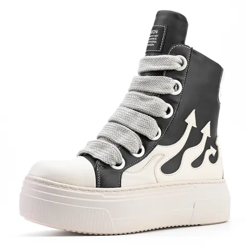 Men's High-Top Thick Rubber Sole PU Leather Chunky Sneakers Casual Trainers - Flaming Bold Look, Geometric Design, Round Toe, Shoelace Closure, Ankle-High Walking Shoes for Athletic Training, Sports Casual Footwear