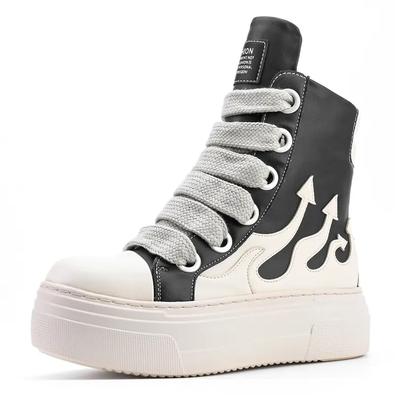 Men's High-Top Thick Rubber Sole PU Leather Chunky Sneakers Casual Trainers - Flaming Bold Look, Geometric Design, Round Toe, Shoelace Closure, Ankle-High Walking Shoes for Athletic Training, Sports Casual Footwear