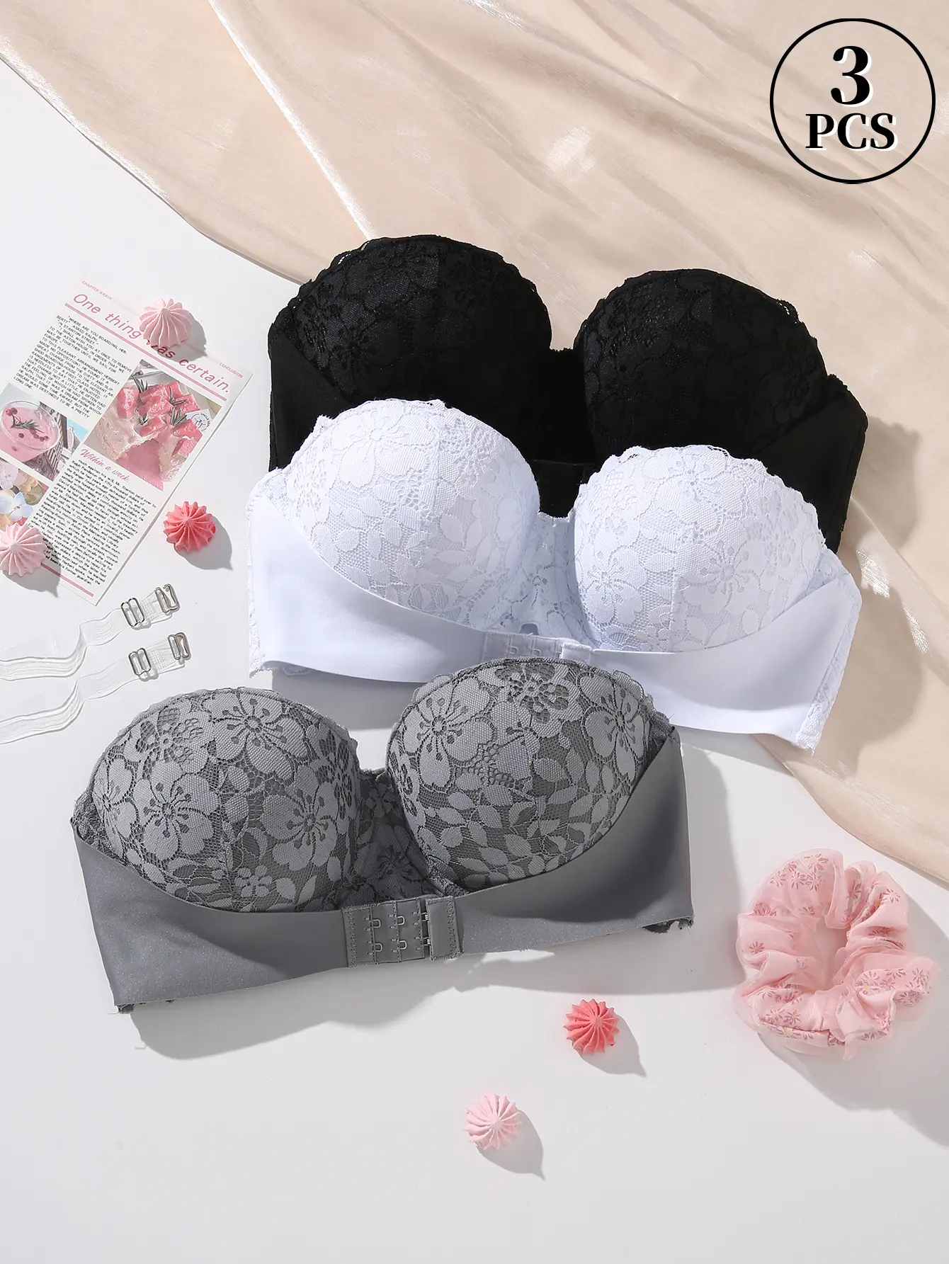 Women's Strapless Bra Push Up Set (2/3PCS) - Lace Floral, Underwire, Adjustable Removable Straps, Elegant Comfortable, Hand Wash, Ideal for Wedding Off-Shoulder Prom Dresses & Beach Vacations