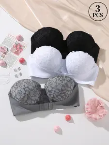 2/3PCS Lace Floral Strapless Push-Up Underwire Bra Set - Non-Slip Design, Non-Removable Pads, Adjustable Fit | Perfect for Off-Shoulder, Wedding Season & Daily Wear