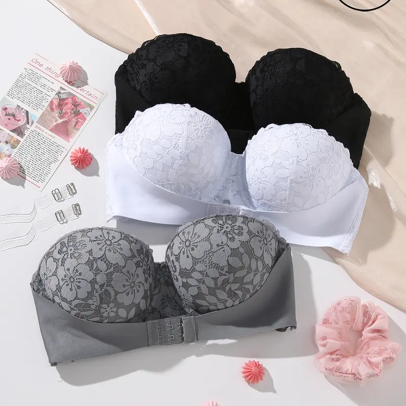 2/3PCS Women's Elegant Lace Floral Strapless Push-Up Underwire Bra, Adjustable Removable Straps, Comfortable, Romantic, Fit Bras for Women - for Off-Shoulder Prom Dresses, Vacation Outfits, Thanksgiving Events, FallDealsForYou