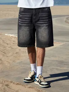 Men's Casual Loose Fit Wide Leg Denim Shorts, All Seasons Street Style, Streetwear, Plain Color, Pocket Design, Fashionable Jeans, loose fitting jeans, Menswear