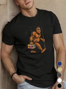 Sasquatch Fishing T-Shirt for Men| Casual Knit Fabric, Geometric Pattern, Round Neck, Regular Fit, Summer Short Sleeve Top