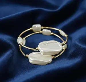 Modern Baroque Pearl Stacking Bracelet Set - Gold-Tone Curved Pipe Link Bracelets - Irregular Pearl Aesthetic Jewelry for Women