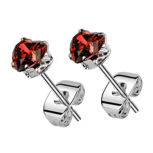 Prong Heart Red CZ Stainless Steel Stud Earrings