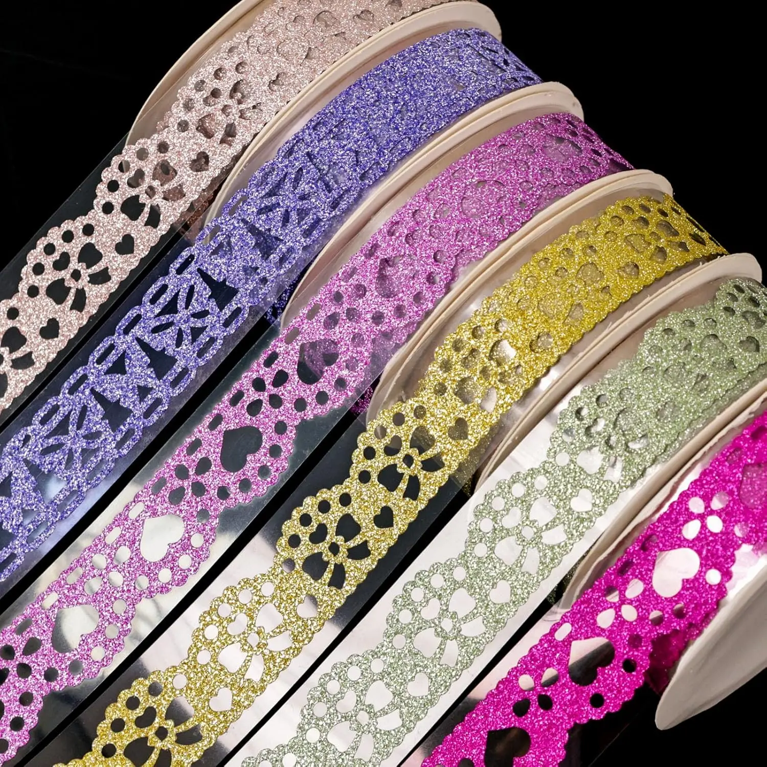 Vibrant Artistic Glitter Laces Washi Tape Set - 6 Rolls, Lace Pattern, Sparkling Glitter Accents, Easy to Use, 39.37 x 0.71 inches for DIY Crafters, Scrapbooking Supplies