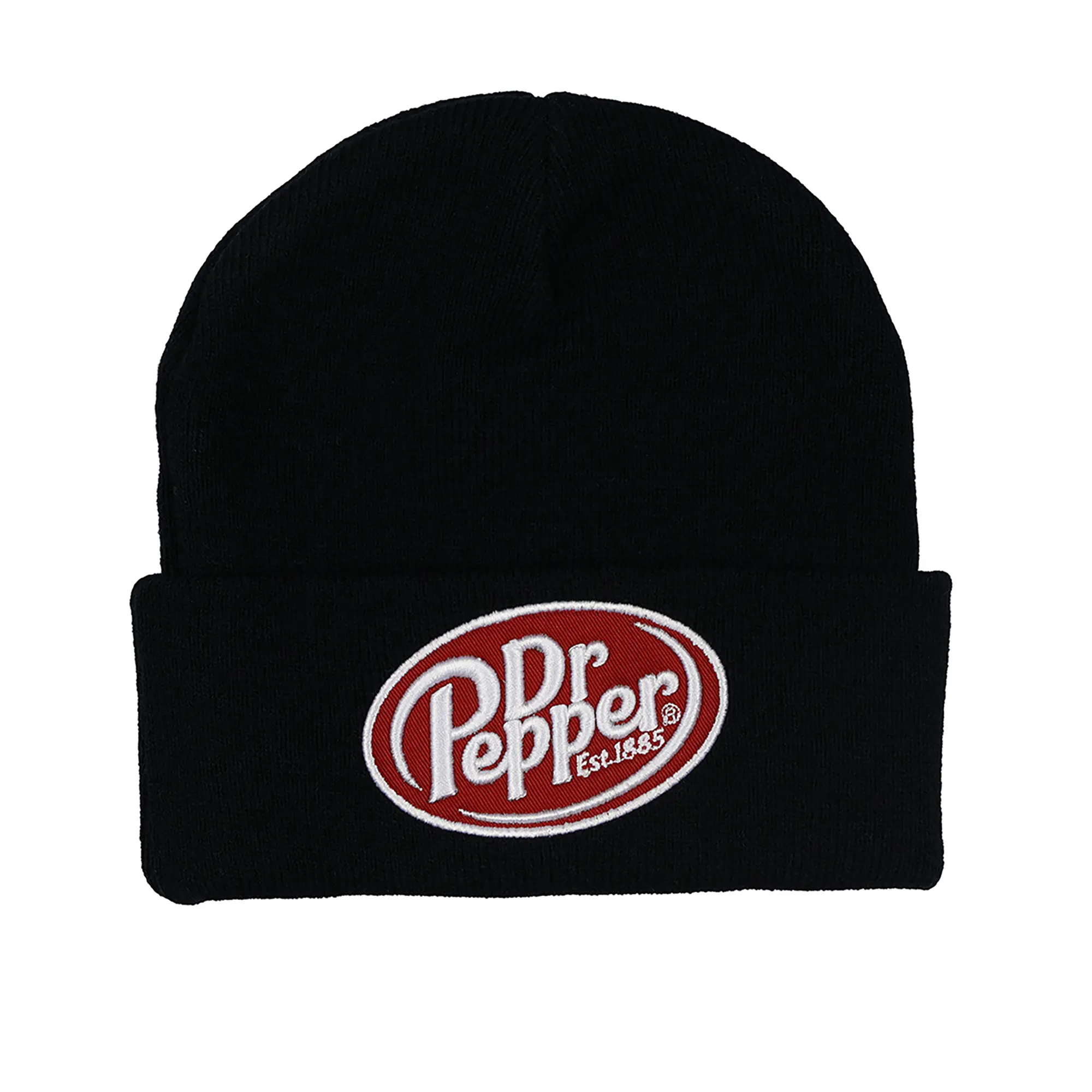 Dr. Pepper Graphic Hats - Black Knit Fold-Cuff Skull Cap, Adult OSFM Beanie with Embroidered Logo