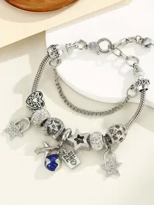 Women's Travel Star Pendant Bracelet, Shiny Bead Bracelet with Airplane, Earth, Passport Charms, Fashion Jewelry Gift