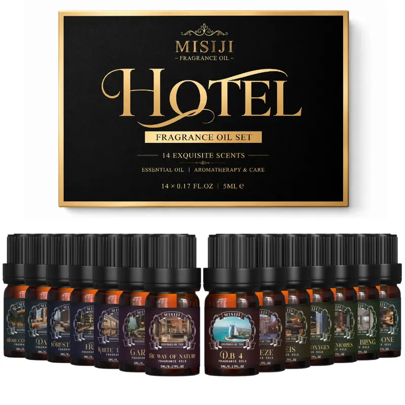 MISIJI Hotel Aromatherapy Diffuser Gift Set - Buyer’s Pick Business Boxed Kit with 14x5mL Scent for Diffusers Bottles, 12-Month Hotel Scents, Relaxing Anniversary Gifts, Home Decor Solution