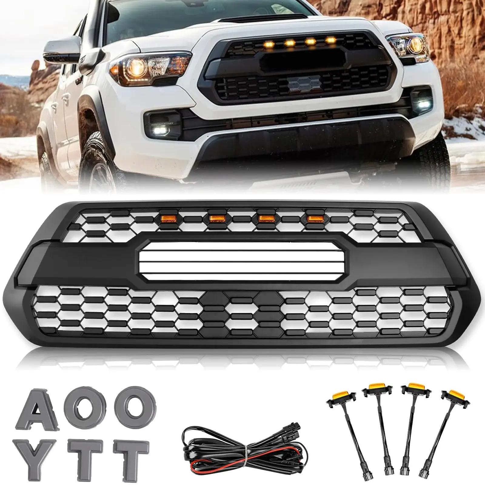 Front Grille Grill Compatible With 2016-2023 Tacoma TRD Style SR, SR5, TRD Off-Road, TRD Sport Front Grill Replacement Accessories Black Matte Bumper ABS Grille with 4 Amber Led Lights