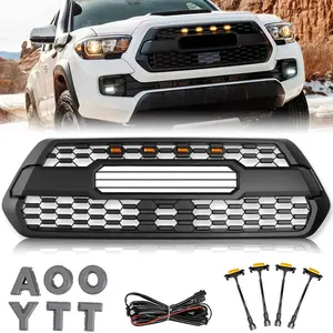 Front Grille Grill Compatible With 2016-2023 Tacoma TRD Style SR, SR5, TRD Off-Road, TRD Sport Front Grill Replacement Accessories Black Matte Bumper ABS Grille with 4 Amber Led Lights