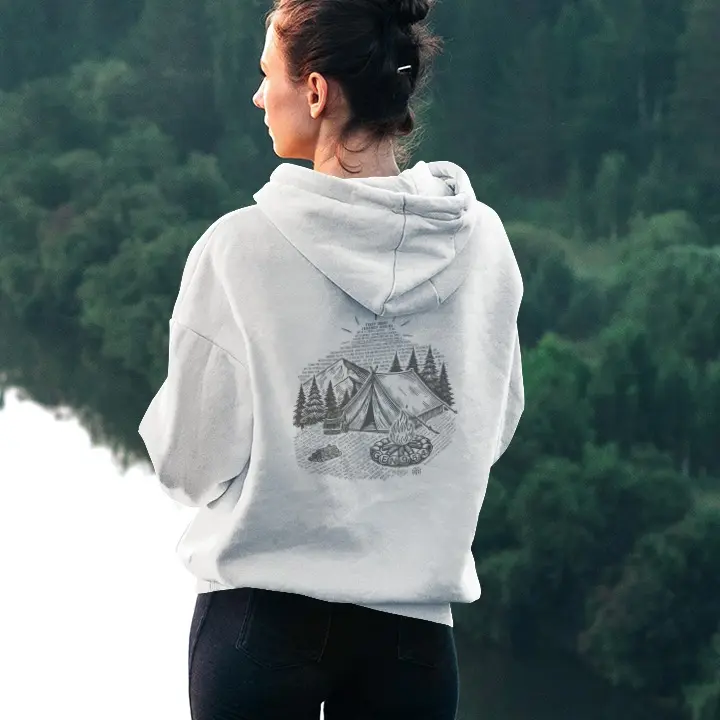 GEN954 Adventure Camping Hoodie Classic Unisex Pullover with Mountain & Campfire Design Soft Cotton Blend Gildan 18500A for Hikers Campers Travelers