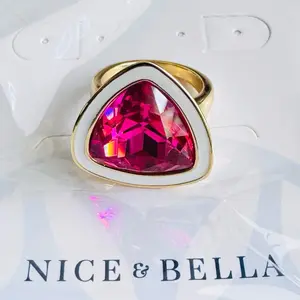 Nice & Bella Gold-Plated Ring with Fuchsia-Colored Stone and White Enamel Jewelry Accessory No. 8