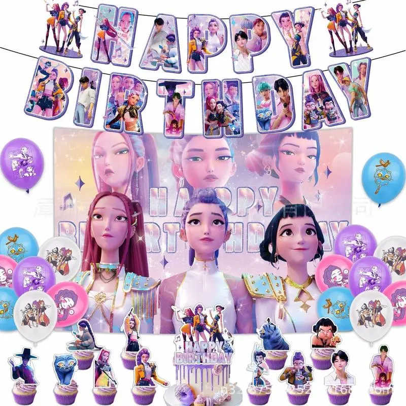 Demon Movie Hunters Birthday Decorations, Cute Party Supplies Set Include Banner, Backdrop, Balloons, Hanging Swirls, Cake Topper, Cake Cupcake Toppers for Boys Girls Cartoon Theme Party