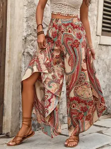 Boho Retro Paisley Print High Waist Split Wide Leg Skirt Pants for Women, Bohemian Summer Vacation Flowy Beach Long Pants