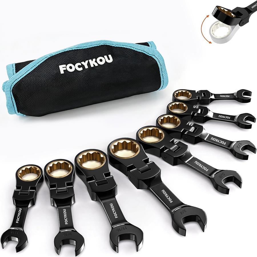 8-Piece Stubby Flex-Head Ratcheting Wrench Set, Metric 8-17mm | Anti-slip, 72-Teeth, CRV, Black Electrophoretic Coating, for Mechanics, DIYers and Home Repairs, Includes Rolling Pouch