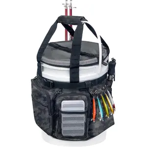 Fishing Bucket Organizer with Bucket Cover, Ice Fishing Tackle Bag with Rod & Plier Holder, Multi-Pockets for 5 Gallon Bucket Fishing Gear & Accessories