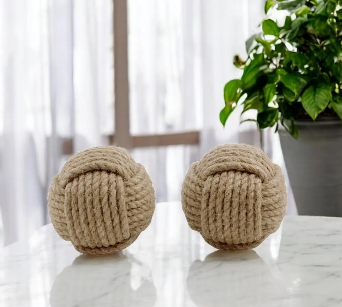 2-Piece Handcrafted Natural Jute Decorative Orb Sculpture Set - 360 Stand, Handmade Artisanship Desktop Statue, Tabletop Decor, Home Ornament & Gifting Option