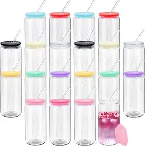 20 Pack Drinking Glass Cups with  Lids and Glass Straws 16oz Clear Glass Tumblers Can Shaped Iced Coffee Cups Drinking Glasses, Cute Glass Cups for   Soda Smoothie