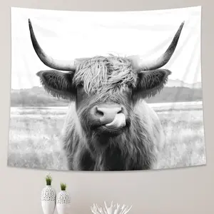 Highland Cow Tapestry, 51Hx59W Inch, Funny Western Decor, Wall Art for Bedroom, Dorm, Living Room Home Goods Personalized