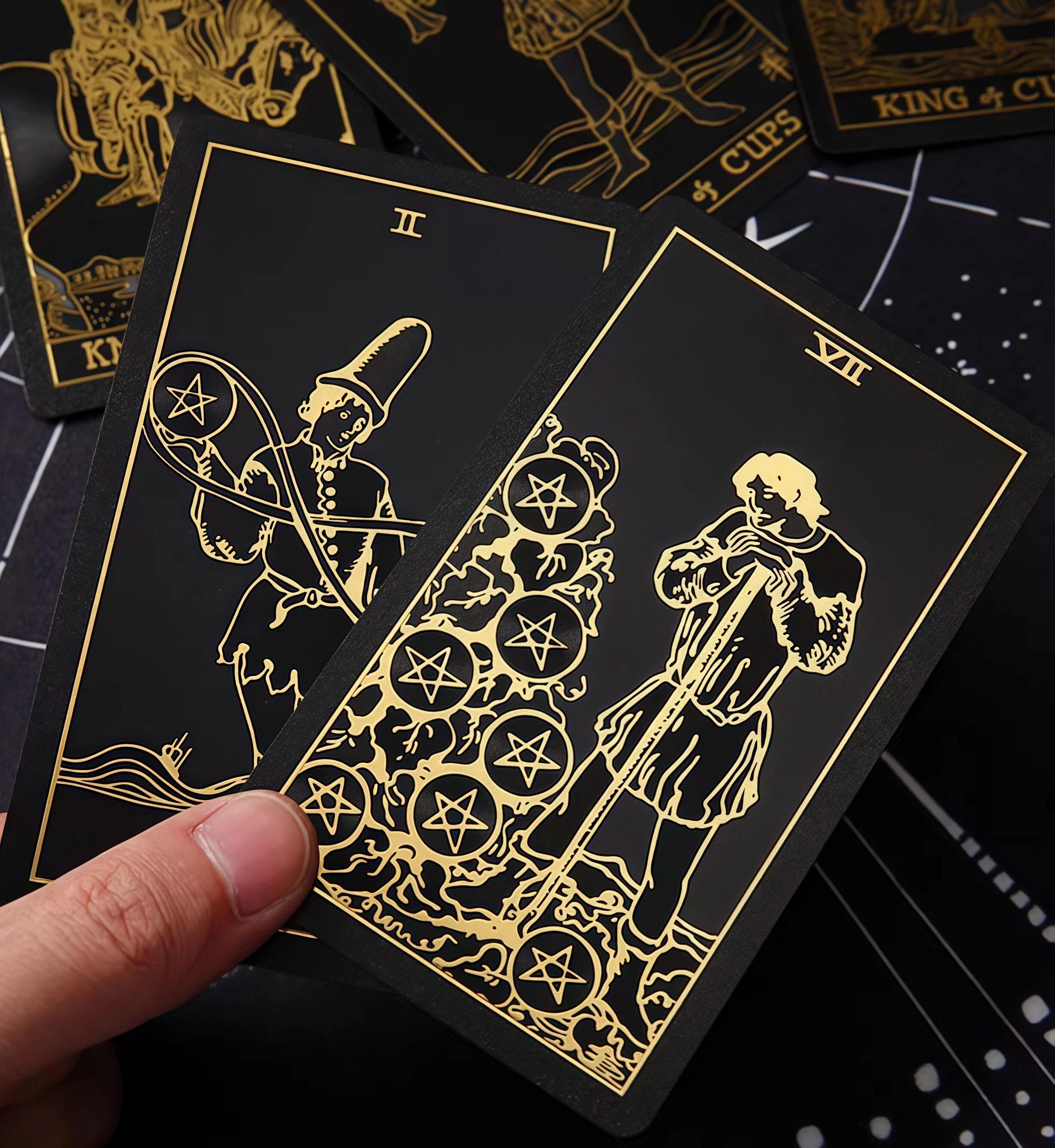 Tarot Cove Black Gold Tarot Cards with Guide Book Waterproof Wrinkle Resistant Foil Tarot Deck for Beginners Includes Chakras Planets Zodiac Signs Elements & Affirmations