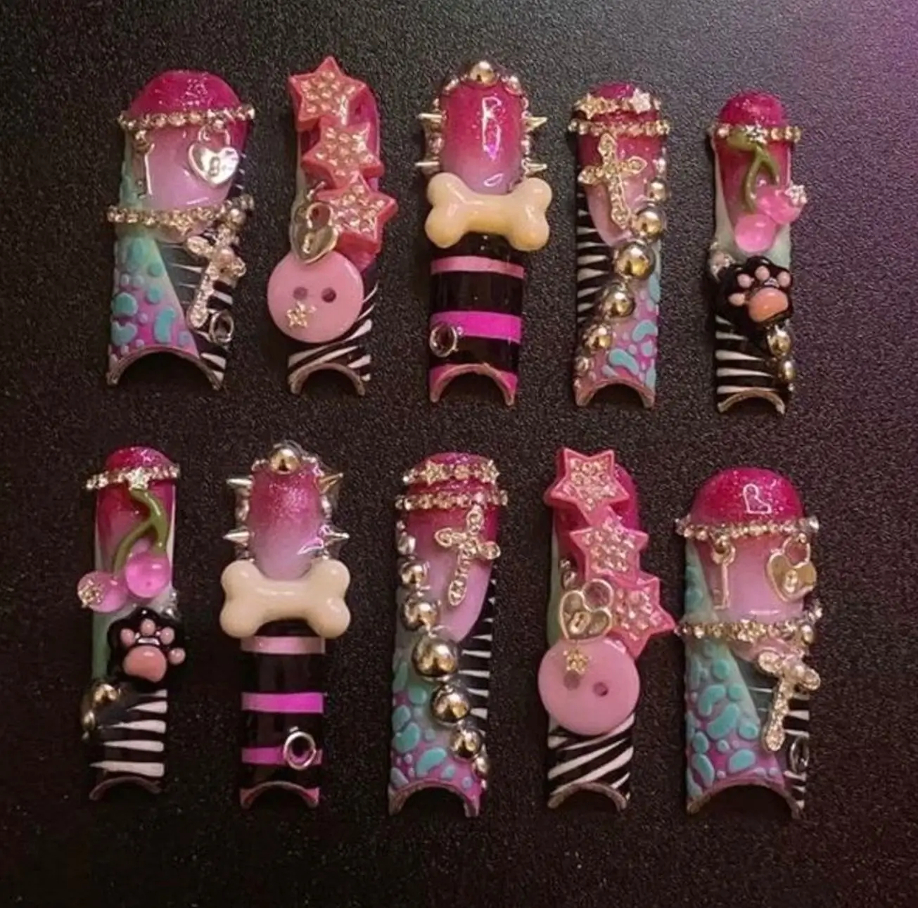 Y2K 3D Junk Press On Nails, Pink Ombre Zebra Print, Cross Bone & Paw Charms, Long Maximalist McBling Handmade Fake Nail Set | FREE Adhesive Tabs FREE Nail File FREE Cuticle Stick