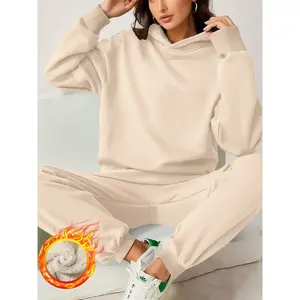 Women’s Casual Hooded Sweatshirt Set, Thick Fleece Lined, Loose-Fit Jogger Pants, Autumn & Winter, Two-Piece Tracksuit