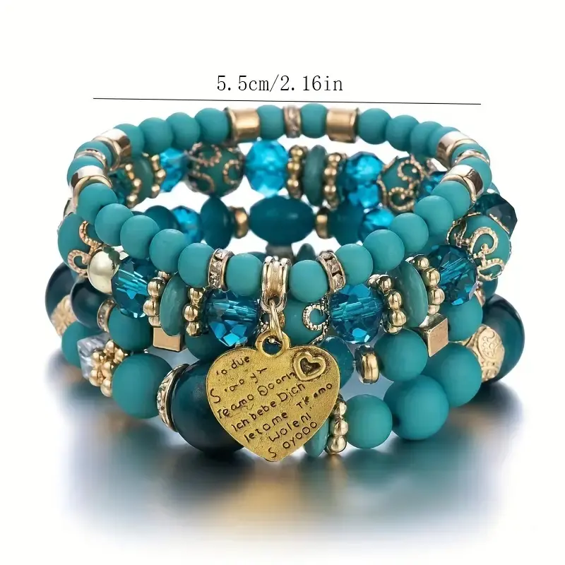 1 Set Bohemian Multi-layered Heart-shaped Wings Tassel Pendant Beaded Bracelet Set with Artificial Crystal Women's Fashion JewelryAccessories